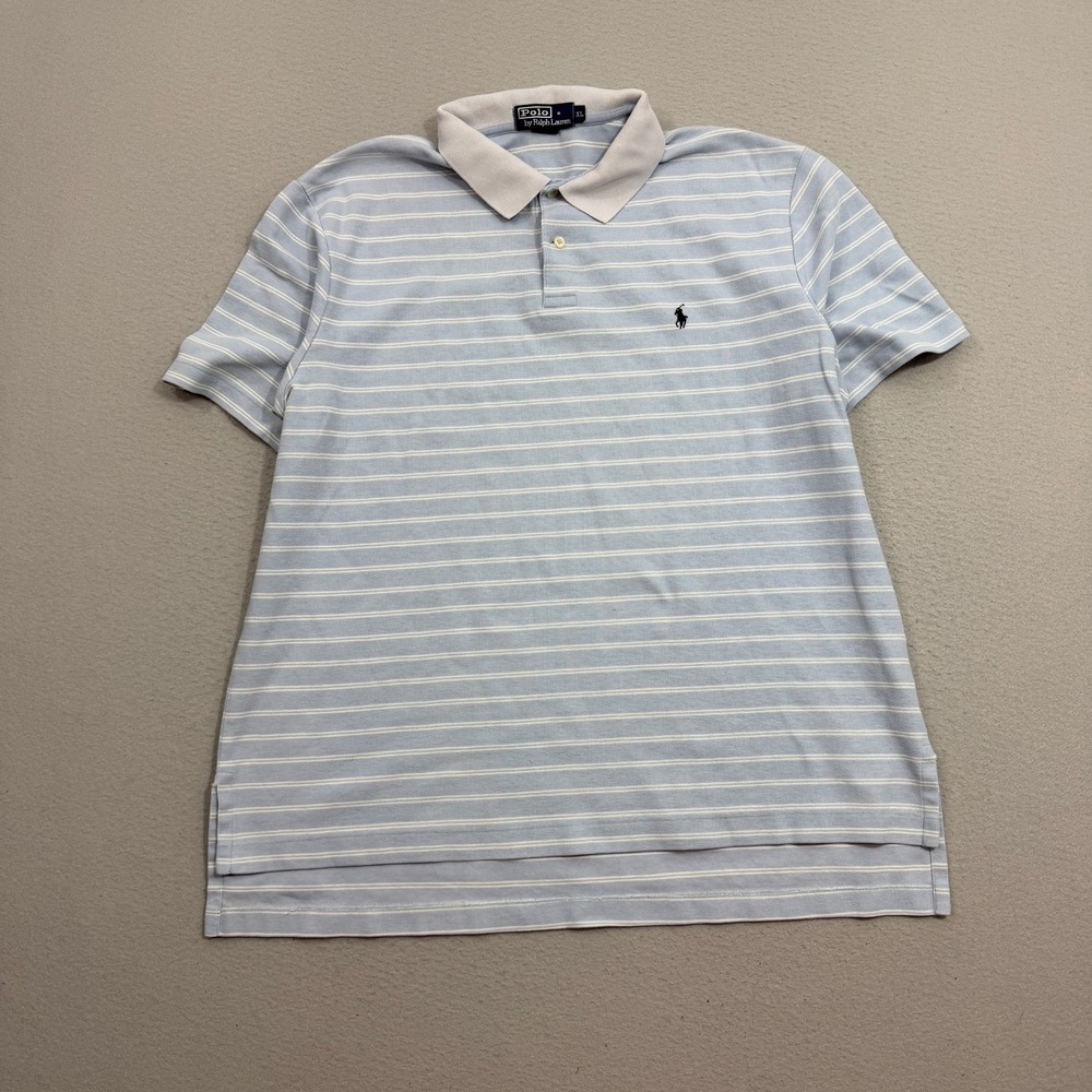 Vintage Polo Ralph Lauren Shirt Mens XL Blue Striped Short Sleeve Cotton Pique